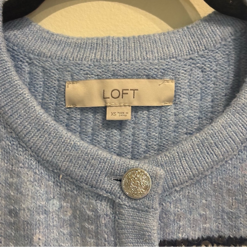 LOFT Sequin Fair Isle Sweater Jacket Light Blue size XS Cotton Blend - Picture 8 of 9